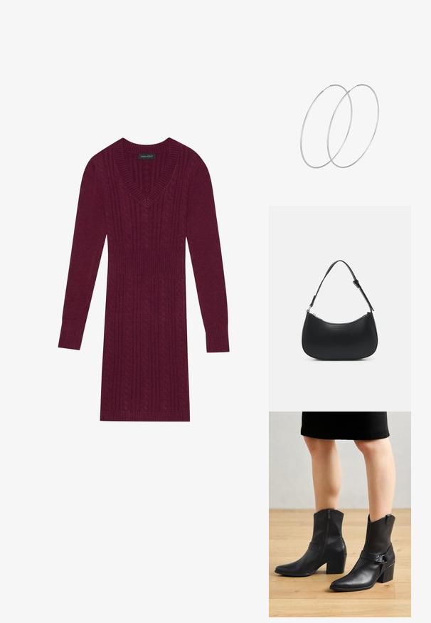 Robe tricotée bordeaux avec un décolleté en V, des manches longues, des manches côtelées et un motif en maille torsadée sur l'ensemble. Conception à taille cintrée.; Bottines en cuir noir avec un bout pointu, fermeture éclair, talon courbé et une sangle décorative avec des accents en métal.; Pieces PCALUANA SHOULDER BAG - Sac à main - black; Boucles d'oreilles en argent au design minimaliste. Forme circulaire, texture lisse et profil fin. Légères avec une finition polie.