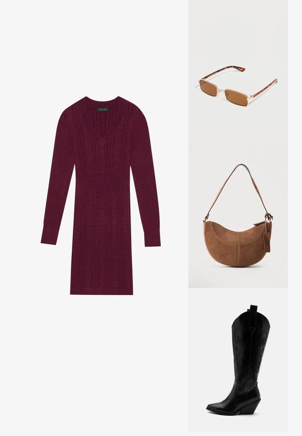 Bordo kudum Kleid V-kaelusega, pikkade varrukatega, soonikute käistega ja kogu kleidi ulatuses toruknitti mustriga. Kerge talje disain.; Mustast nahast kauboi saabas terava varbaosaga, kaldus kand, dekoratiivse õmblusega ning nööpidega üleval valge tausta peal.; Ristkülikukujulised pruunid läätsed päikeseprillid õhukese kuldse metallraami ja kilpkonnamustriliste käepidemetega valgel taustal.; Pruun seemisnahast käekott, millel on kumer, poolkuu-kujuline vorm. Sellel on õlarihm, väike silt ja servade ääres nähtav õmblus.