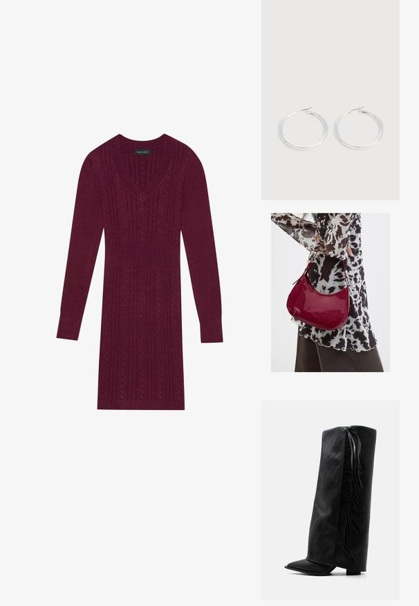 Vestido de punto granate con escote en V, mangas largas, puños acanalados y un patrón de punto trenzado en toda la prenda. Diseño ceñido en la cintura.; Bota negra de cuero hasta la rodilla con puntera puntiaguda y flecos decorativos a lo largo del lateral exterior sobre un fondo blanco liso.; Mujer con blusa de estampado en blanco y negro sosteniendo un bolso de hombro rojo brillante sobre un fondo liso.; Pareja de pendientes de aro plateados brillantes con cierres de alambre delgado, mostrados sobre un fondo gris claro.