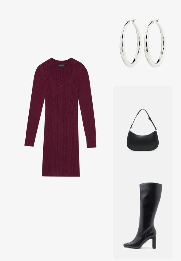 Bordo kudum Kleid V-kaelusega, pikkade varrukatega, soonikute käistega ja kogu kleidi ulatuses toruknitti mustriga. Kerge talje disain.; Knee-high mustad nahksaapad, millel on voooline disain, terav nina ja 4-tollised blokkninad, peene õmblusega detailid.; Pieces PCALUANA SHOULDER BAG - Käekott - black; Hõbedased rõngasKõrvarõngad, millel on sile ja peegeldav pind. Ümara, suure kujuga ja ülemises osas turvalise klambriga. Poleeritud viimistlus toob esile sära.