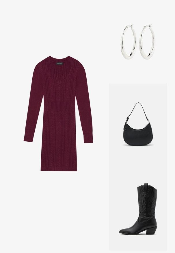 Bordeauxfarbenes Strickkleid mit V-Ausschnitt, langen Ärmeln, gerippten Bündchen und einem durchgehenden Kabelstrickmuster. Taillierte Passform.; Schwarze Leder-Cowboy-Stiefel mit spitzem Zeh, geprägten, wirbelnden Mustern und einem mittelhohen Absatz. Mit einem Zuglasche für einfaches An- und Ausziehen.; Schwarze Hobo-Tasche aus glattem Leder mit einer geschwungenen Silhouette, ausgestattet mit einem einzelnen verstellbaren Trageriemen und minimalistischem Design.; Silberne Creolen mit einer glatten, glänzenden Oberfläche. Kreisform, ausgestattet mit einem sicheren Verschluss. Einfaches und elegantes Design.