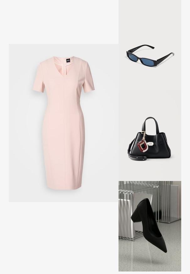 Robe ajustée rose clair avec des manches courtes, décolleté en V et détail découpé à l'avant. Fabriquée à partir d'un tissu lisse avec une silhouette cintrée.; Chaussure à talon haut noire avec un bout pointu et un talon épais, en cuir texturé, suspendue au-dessus d'un sol lisse.; Lunettes de soleil noires avec une monture rectangulaire élégante et des verres bleus. Présente une texture lisse et des branches robustes. Logo de la marque sur le côté.; Sac à main en cuir noir texturé avec poignées courtes, bandoulière amovible, fermoir argenté et porte-clés en cuir rouge et beige.