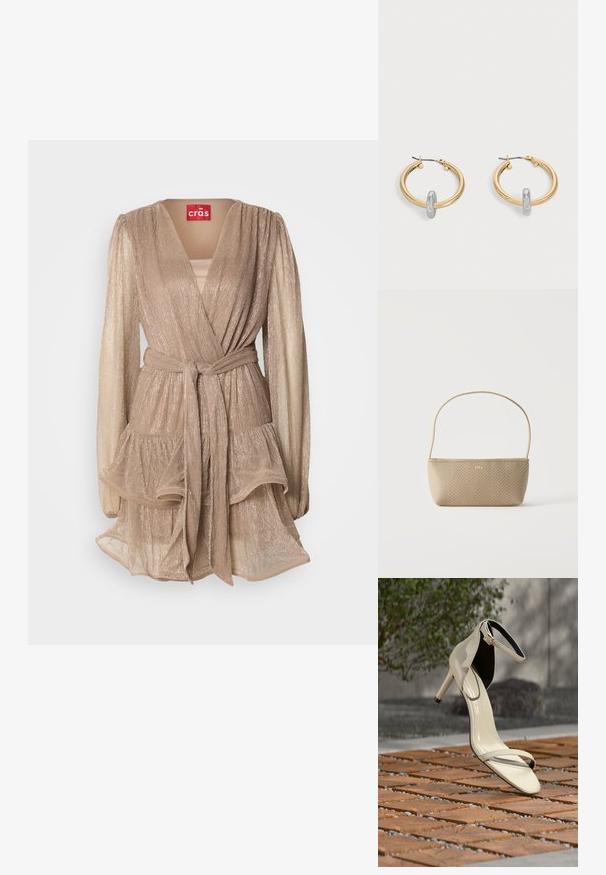 Vestido envolvente metálico beige con mangas largas acampanadas, falda de volantes en capas y un cinturón a juego. Presenta un escote en V profundo y un suave brillo.; Sandalia de tacón alto beige con correa en el tobillo, sobre listones de madera al aire libre, con fondo desenfocado de vegetación y concreto.; Bolso tejido beige con correa delgada para el hombro y pequeño logo dorado "BOSS" en el frente, presentado sobre un fondo blanco liso.; Par de pendientes de aro en tono dorado con pequeño detalle de aro en tono plateado en cada uno, expuestos sobre un fondo gris claro.