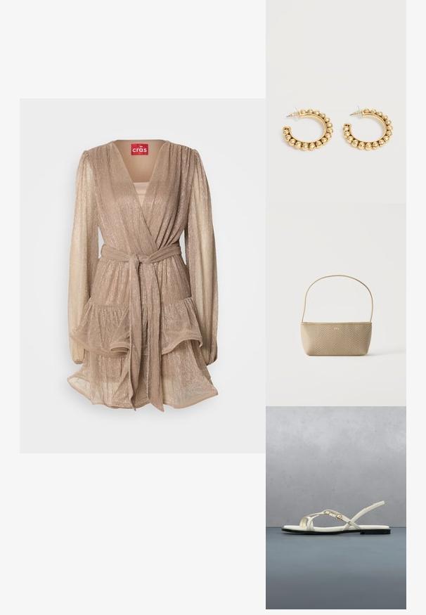 Beige metallic wikkeljurk met lange pofmouwen, een gelaagde rok met ruches en een bijpassende riem. Kenmerkt zich door een diepe V-hals en een zachte glans.; Witte platte sandaal met bandjes en een enkelgesp, zwevend boven een houten tegelvloer buiten bij groenbeplanting en een grijze stenen muur.; Beige geweven handtas met dunne schouderriem en klein gouden "BOSS" logo aan de voorkant, getoond tegen een effen witte achtergrond.; Een paar gouden creolen met afgeronde kraaldetails langs de buitenrand op een lichte achtergrond.