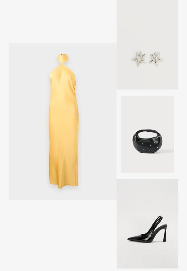 Μακρύ σατέν φόρεμα με halter neck σε ανοιχτό κίτρινο χρώμα, με εφαρμοστή σιλουέτα και μήκος μέχρι τον αστράγαλο, σε μονόχρωμο φόντο.; Μαύρη πατέντα δερμάτινη γόβα slingback με μυτερή μύτη, λεπτό ψηλό τακούνι και διπλή ελαστική ζώνη για ασφαλή εφαρμογή. Λοξό, γυαλιστερό επιφάνειο.; Μαύρη δερμάτινη τσάντα χειρός με στρογγυλεμένο σχήμα, διακοσμημένη με ασημένιες λεπτομέρειες με καρφιά και κοντή λαβή. Λείο υλικό και κλείσιμο με φερμουάρ.; Ασημένια σκουλαρίκια κρίκοι σε σχήμα αστεριού με λείο, γυαλιστερό φινίρισμα σε απλό λευκό φόντο.