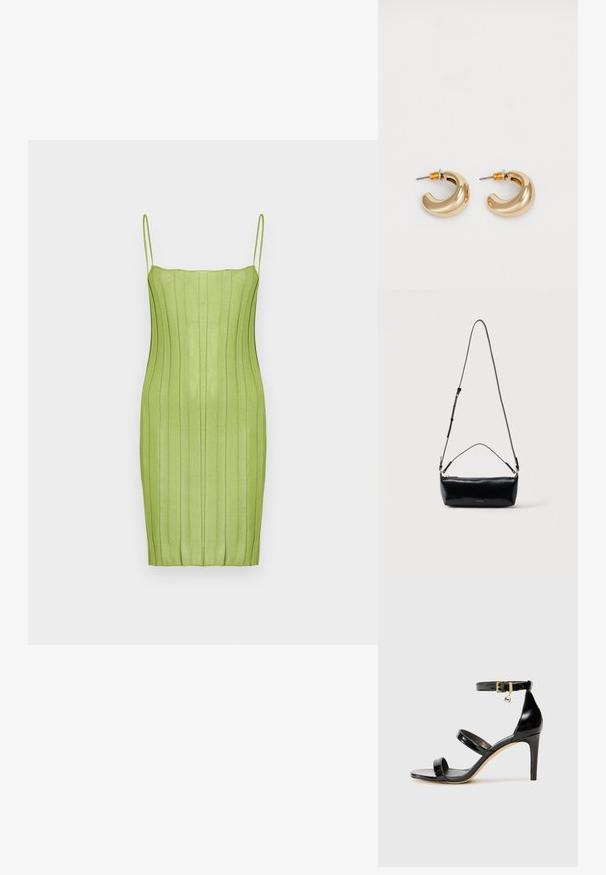 Πράσινο ριγέ φόρεμα bodycon με λεπτές τιράντες, διαθέτοντας κατακόρυφες ρίγες, εφαρμοστή σιλουέτα και απαλό υλικό.; Μαύρη λουστρίνι σανδάλι με τρεις λωρίδες, πόρπη στον αστράγαλο και τακούνι στιλέτο 10 εκ. Διαθέτει χρυσά μεταλλικά στοιχεία και λογότυπο.; Μαύρη ορθογώνια δερμάτινη τσάντα χιαστί με ρυθμιζόμενο λουράκι ώμου, επάνω φερμουάρ και μικρό χρυσό λογότυπο Calvin Klein στο μπροστινό μέρος.; Δύο γυαλιστερά χρυσά σκουλαρίκια σε κυρτή σχεδίαση, με πορτοκαλί λεπτομέρειες κοντά στον στύλο, κόντρα σε λευκό απλό φόντο.