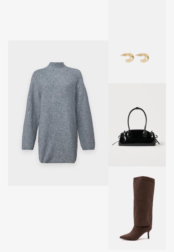 Γκρι πλεκτό πουλόβερ με ψηλό λαιμό, oversized σιλουέτα και μακριά μανίκια. Το ύφασμα διαθέτει μια διακριτική υφή.; Ψηλή καφέ καστόρινη μπότα με μυτερή μύτη, λεπτό μεσαίου ύψους τακούνι και χαλαρό άνω τμήμα, πάνω σε λευκό φόντο.; Μικρή μαύρη γυαλιστερή τσάντα με δύο μακριές λαβές και λεπτομέρειες με ρυθμιζόμενο κορδόνι στο πλάι σε απλό ανοιχτό φόντο.; Χρυσά σκουλαρίκια σε σχήμα ημισέληνου με λεία επιφάνεια, που διαθέτουν πορτοκαλί λεπτομέρειες κοντά στον κρίκο και ασημένια εξαρτήματα.