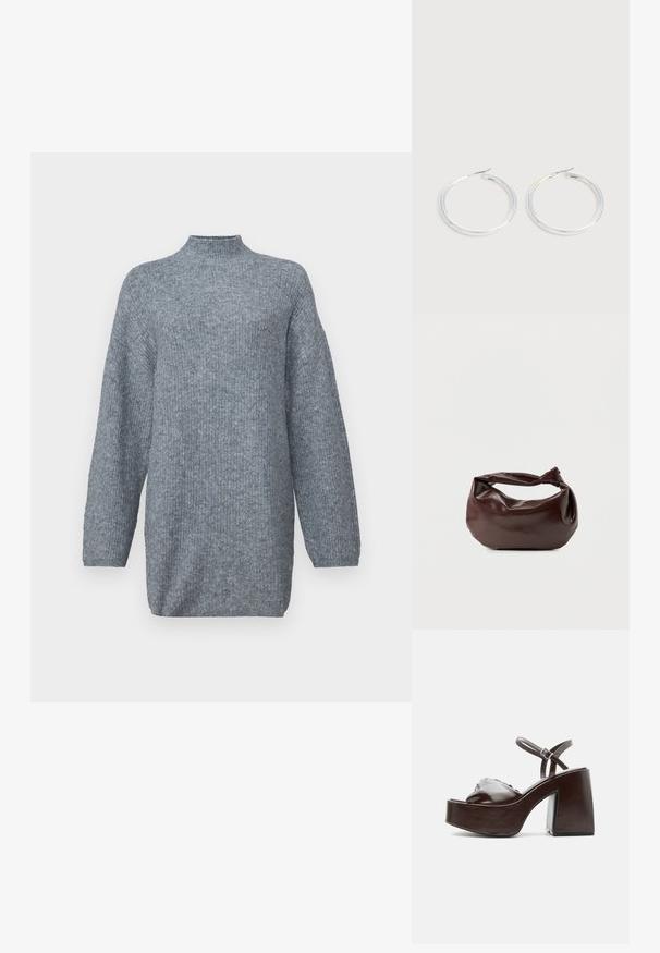 Pull en maille gris avec un col montant, une silhouette oversize et des manches longues. Le tissu présente un motif texturé subtil.; Sandale plateforme en cuir marron foncé avec talon bloc épais, bout ouvert et bride réglable à la cheville avec boucle métallique.; Sac bandoulière en cuir marron foncé avec une forme souple et décontractée et une anse nouée torsadée sur un fond blanc uni.; Paire de boucles d'oreilles créoles argentées brillantes avec fermoirs en fil fin, présentée sur un fond gris clair.