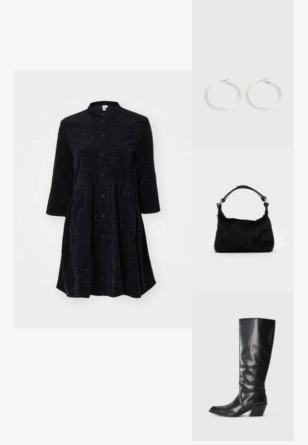 Schwarzes Kleid mit einem strukturierten Leopardenmuster, 3/4-Ärmeln, Knopfleiste, kragenlosem Design und einem schmeichelhaften Rock, der von der Taille abfällt.; Schwarze Leder-Stiefel bis zum Knie mit spitzem Zeh, angularer Ferse und glatter Textur. Verfügt über einen dezenten gesteppten Akzent an der Seite.; Schwarze Kunstfell-Handtasche mit weicher Textur, runder Form und einem stabilen schwarzen Leder-Schulterriemen. Sichtbare silberne Hardware-Akzente.; Paar glänzende silberne Creolen mit dünnen Drahtverschlüssen, dargestellt vor einem hellgrauen Hintergrund.