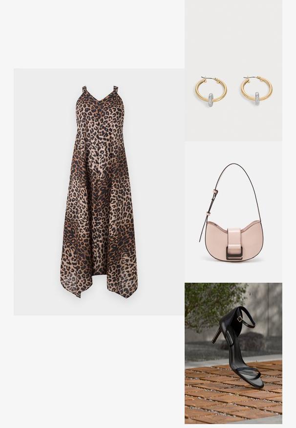 Kleid mit Leopardenmuster in lockerem, fließendem Design. Spaghettiträger, V-Ausschnitt und asymmetrischer Saum. Farbpalette umfasst Brauntöne und Schwarz.; Schwarze Sandalette mit hohem Absatz und Knöchelriemen schwebt über einem Holzboden im Freien vor verschwommenem Grün und Steinhintergrund.; Kleine, geschwungene Handtasche aus pinkem Leder mit glänzender Oberfläche, ausgestattet mit einem schwarzen Akzentgurt und einem großen schwarzen Verschluss. Crossbody-Design.; Paar goldfarbene Creolen mit kleinem silberfarbenem Schlaufen-Detail an jeder, vor hellem grauem Hintergrund präsentiert.