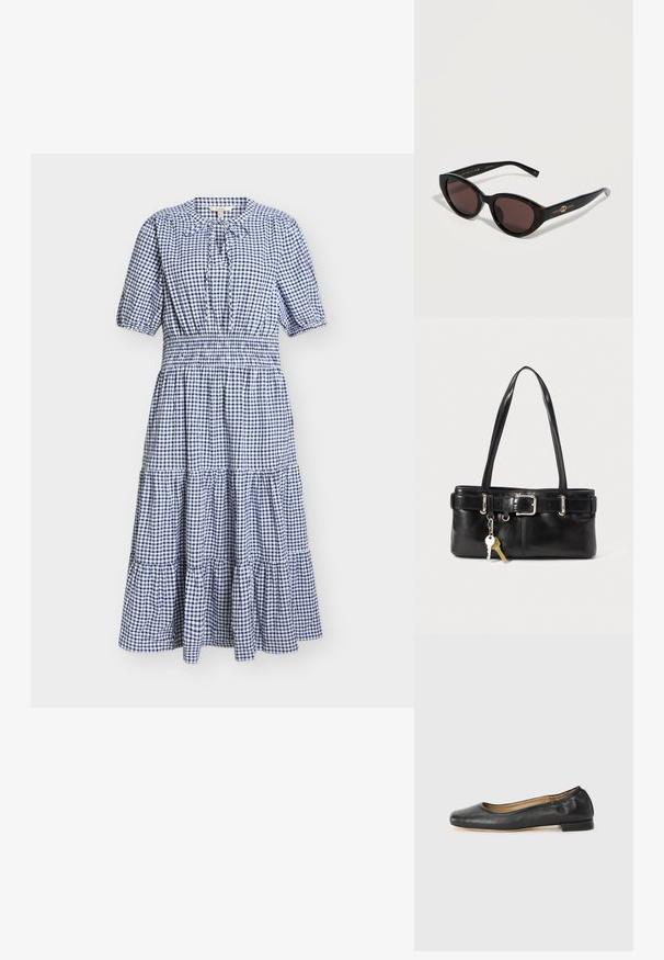 Robe midi à carreaux bleus et blancs avec manches ballon, taille cintrée, jupe à volants et petit nœud au col rond.; Ballerines en cuir noir avec un bout arrondi et des coutures minimales. Talon bas et rectangulaire avec une texture lisse. Détails subtils de doublure intérieure.; Lunettes de soleil ovales en écaille de tortue avec verres foncés et logo Gucci sur la branche, présentées sur une surface claire.; Sac fourre-tout en cuir noir avec deux poignées, accents de boucle et porte-clés attaché. Texture lisse, design structuré.