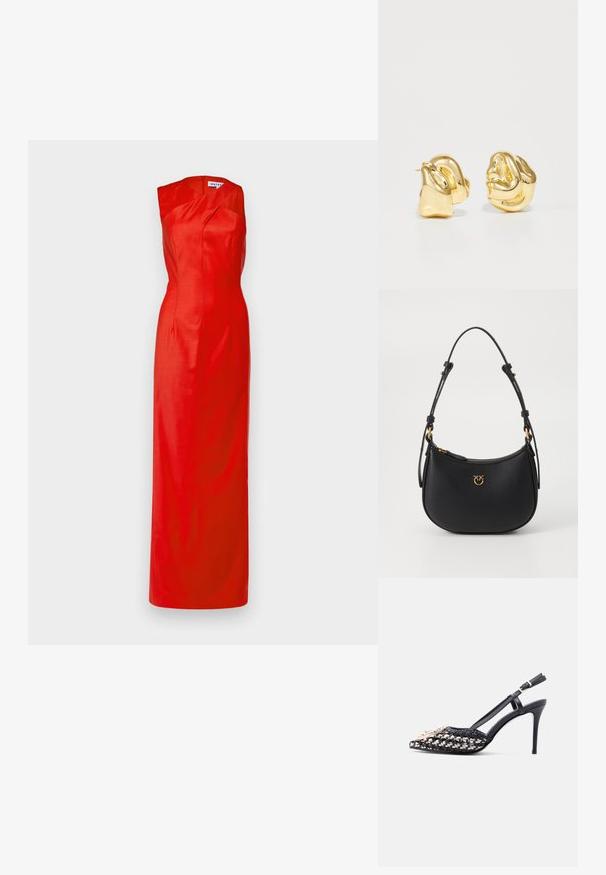 Punainen ilman hihoja oleva mekko, jossa on tiukka vartalo-osa ja hulmuava hame, valmistettu sileästä kankaasta. Sivuvetoketju ja tyylikäs drapeerattu kaula-aukko.; Musta korkokengän slingback-malli, jossa on punottu päällinen, kullanvärinen koristelu varpaassa ja säädettävä nilkkahihna soljella.; Musta nahkainen olkalaukku, jossa on kaareva muoto, kultareunukset ja vetoketjukiinnitys. Edessä koristeellinen logo.; Korallinväriset metalliset nappikorvakorut, joissa on veistoksellinen, kierretty muotoilu. Sileä, kiiltävä pinta ja pyöreä muoto ilman näkyviä koristeluja.