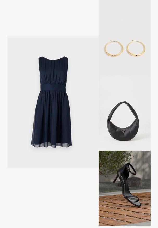 Robe bleu marine sans manches avec corsage froncé, large ceinture et jupe fluide longueur genou sur fond uni clair.; Sandale noire à talon haut avec sangle à la cheville, suspendue au-dessus d'un sol en carreaux de bois à l'extérieur, avec un arrière-plan flou de verdure et de pierre.; Sac à main en satin noir avec une forme courbée, doté d'une fermeture à glissière et d'un logo triangulaire en métal à l'avant. Texture lisse et design épuré.; Paire de boucles d’oreilles créoles en or poli avec des tiges fines et des fermoirs à charnière, présentées sur un fond gris clair uni.