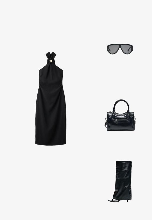 Robe noire de style halter avec un col noué et un accent en métal doré sur la poitrine, présentant une silhouette ajustée et une texture lisse.; Sandale noire à talon haut avec bout ouvert, dotée d'une tige de botte en cuir synthétique souple montant jusqu'au milieu du mollet.; Lunettes de soleil aviateur noires oversize avec des verres teintés foncés, affichées sur fond blanc.; Sac à main en cuir noir brillant avec deux poignées, poche avant zippée et bandoulière amovible sur fond blanc.