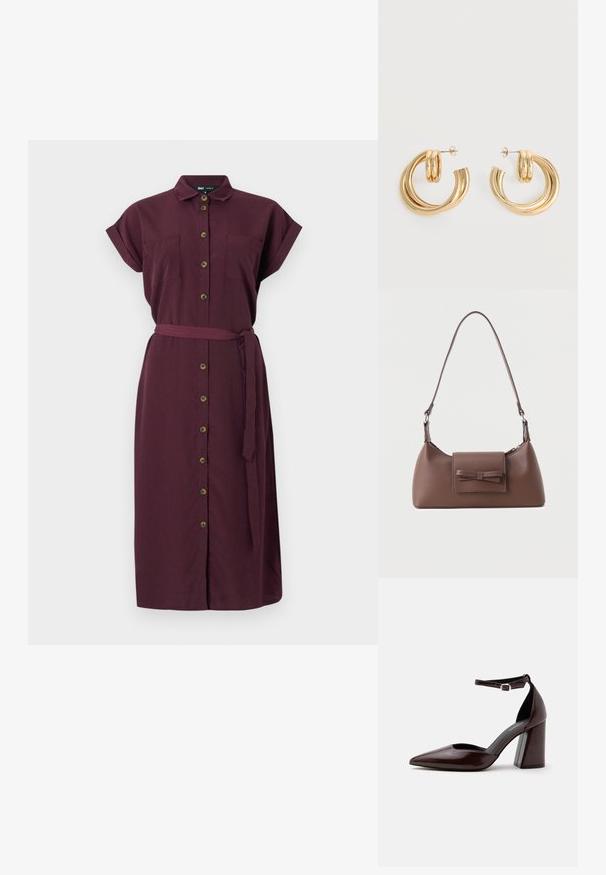 Robe boutonnée bordeaux avec des manches courtes retroussées, deux poches avant, une ceinture en tissu et une coupe droite. Fabriquée dans un matériau texturé.; Chaussure à talon haut en cuir marron foncé à bout pointu, avec bride à la cheville et boucle argentée sur fond blanc.; Sac à bandoulière en cuir marron avec une poche à rabat avant ornée d'un détail en forme de nœud cousu et une sangle réglable.; Paire de boucles d'oreilles créoles doubles en or brillant avec attaches à tige sur fond blanc.