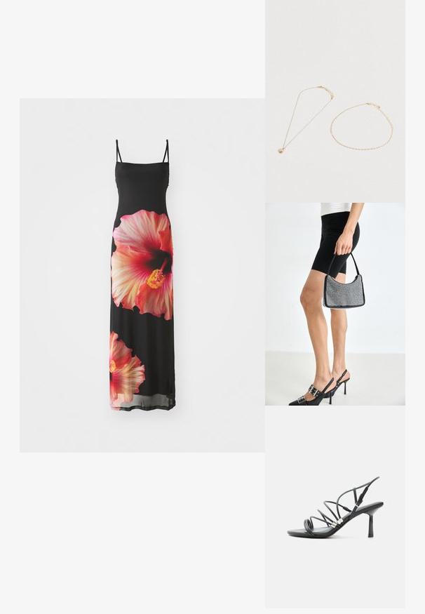 Zwarte maxi-jurk met dunne bandjes, voorzien van grote roze en oranje hibiscus bloemenprints aan de voorkant. Soepele, lichte stof.; Zwarte high-heel sandaal met dunne gebogen bandjes, zilveren accenten en een verstelbare enkelgesp op een witte achtergrond.; Zwarte beaded handtas met een gebogen silhouet, draaghandvat en glanzende textuur. Draagt bij hoge zwarte hakken en strakke zwarte shorts.; Twee delicate gouden kettingen liggen op een witte ondergrond; de ene met een ronde parelmoer hanger, de andere een eenvoudige kettingarmband.
