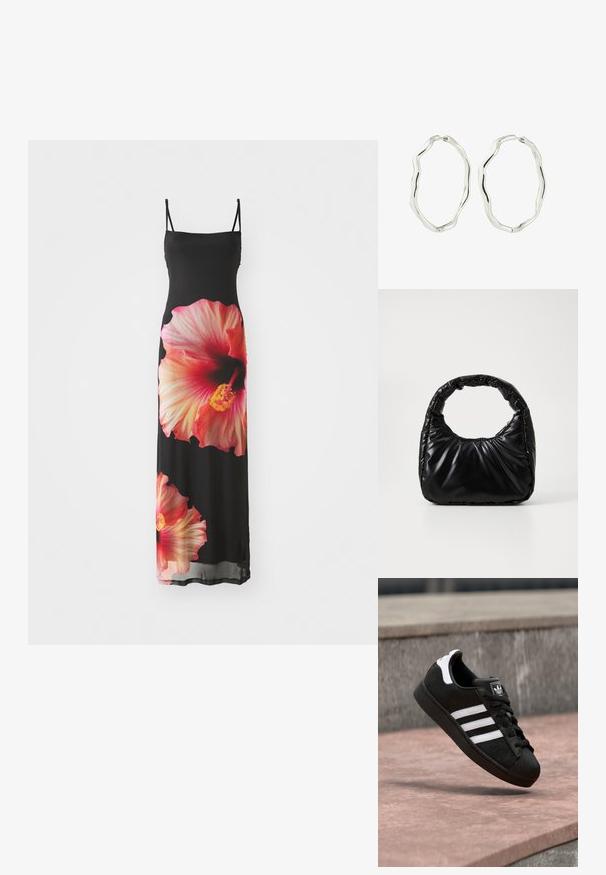 Sort maxi kjole med tynde stropper, prydet med store rosa og orange hibiscus blomstertryk på forsiden. Glat, letvægtsstof.; Sort Adidas-sneaker med hvide striber og hælkappe, fanget i luften over en rosa stenoverflade og en grå betonbaggrund.; Sort polstret håndtaske med et rundt håndtag, der har en glat, skinnende overflade og en blød, kviltet tekstur. Ingen synlige hardware eller accenter.; Et par sølvfarvede, uregelmæssigt formede hoops øreringe med glatte, bølgende kanter og låselukninger på en hvid baggrund.