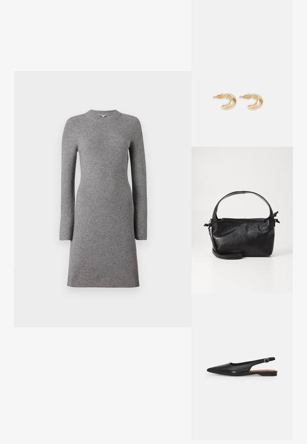 Object Mini Knitted - Robe pull - medium grey melange; Chaussure slingback en cuir noir avec un bout pointu, un léger éclat et une bride de cheville réglable. Talon plat avec une semelle intérieure marron.; Sac à main en cuir noir au design structuré, avec une poignée arrondie et une bandoulière amovible. Présente une texture lisse et un éclat subtil.; Boucles d'oreilles en forme de croissant en or avec une finition lisse, présentant des accents orange près du clou et un matériel en argent.