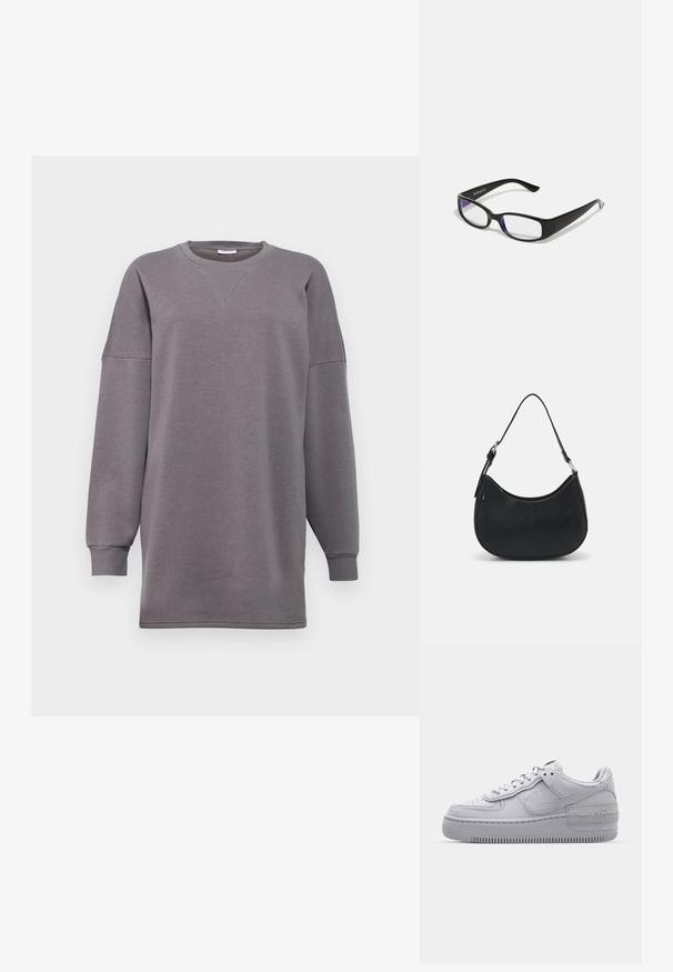 Halli suurusehallist dressipluus, pikkade varrukatega, ümar kaelus ja peen õmblusdetail esiosas. Valmistatud pehmest, tekstureeritud kangast.; Hallitus hallid Nike Air Force 1 sneakerid, millel on augustatud varvas, siledast nahast ülemine osa, paks tall ning reljeefne 'AIR' detail kontsapadjal.; Mustad mustad prillid selgete läätsedega. Läikiv viimistlus, kitsad vars, ja läätsede servadel on nähtav lilla varjund.; Must have musta kotka, valmistatud siledast nahast, kaarekujulise siluetiga, millel on üks reguleeritav sang ja minimaliseeritud disainielemendid.