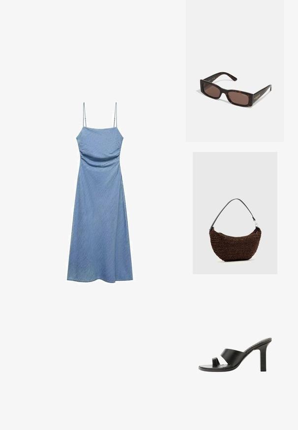 Vestido de mezclilla azul claro con tirantes delgados ajustables, corsé ajustado y una falda en forma de A fluida. Textura suave con un brillo sutil.; Sandalia negra de tacón alto con una tira ancha sobre el pie y una sujeción para el dedo, vista de lado sobre un fondo blanco.; Gafas de sol tortuga marrón con montura rectangular. Presentan lentes oscuros y el logo "vogue" embellecido en dorado en la patilla.; Bolso tejido marrón con forma curva y una correa negra para el hombro, sobre un fondo liso gris claro.