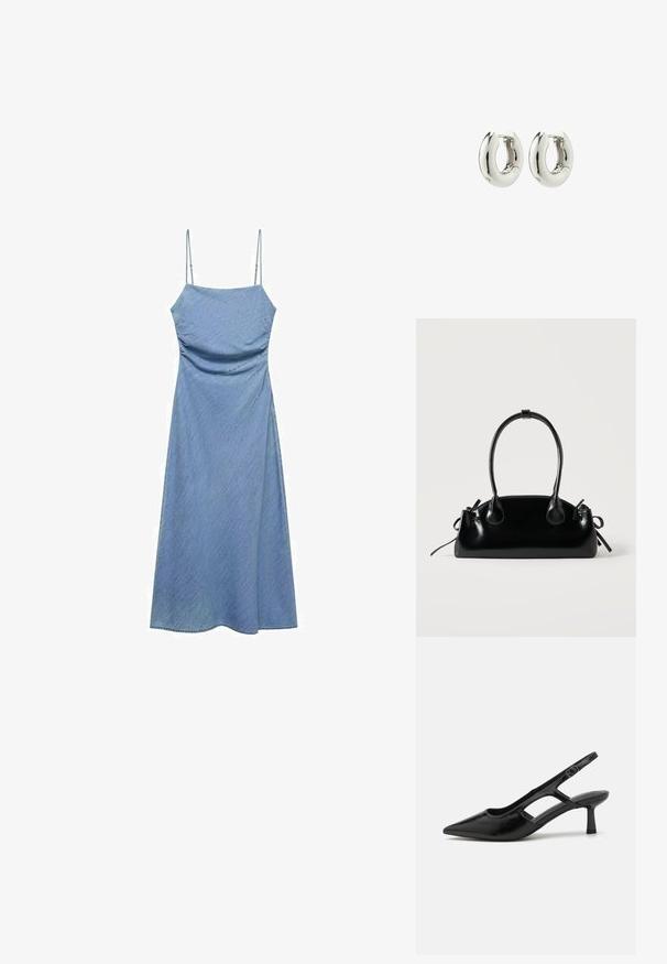 Vestido de mezclilla azul claro con tirantes delgados ajustables, corsé ajustado y una falda en forma de A fluida. Textura suave con un brillo sutil.; Tacones de slingback negros con punta afilada, hechos de material brillante, que presentan acentos recortados y un tacón moderado para mayor soporte.; Pequeño bolso negro brillante con dos asas largas y detalles de cordón lateral sobre un fondo claro liso.; Pendientes de aro de plata con un diseño suave y redondeado y un acabado brillante. Presentan un cierre de bisagra sencillo para facilitar su uso.