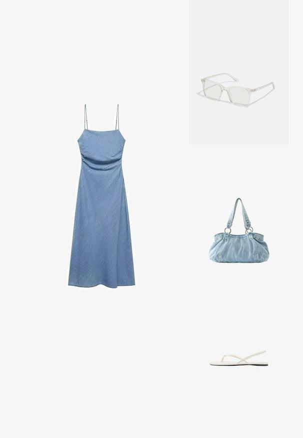 Lichtblauwe denim jurk met dunne verstelbare bandjes, aansluitend lijfje en een vloeiende A-lijn rok. Gladde textuur met een subtiele glans.; Witte platte sandaal met dunne gekruiste bandjes en een hielriem, gezien van opzij op een witte achtergrond.; Heldere plastic vierkante monturen met doorzichtige glazen, gekenmerkt door gouden accenten op de slapen voor extra detail.; Lichtblauwe denim handtas met twee schouderbanden bevestigd aan metalen ringen en decoratieve klinknagels aan de voorkant en zijkanten.