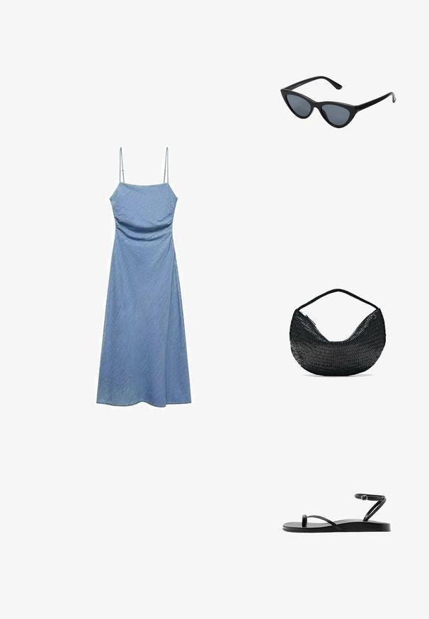 Lichtblauwe denim jurk met dunne verstelbare bandjes, aansluitend lijfje en een vloeiende A-lijn rok. Gladde textuur met een subtiele glans.; Zwarte platte sandaal met dunne bandjes, teenlus en een enkelbandje met een kleine ronde gesp, zijaanzicht.; Zwarte cat-eye zonnebril met donkergrijze lenzen, slank plastic frame, puntige hoeken en rechte pootjes. Geen zichtbare hardware of accenten.; Zwarte geweven lederen handtas in halve maanvorm met een enkele gevlochten handgreep en een ritssluiting bovenaan.