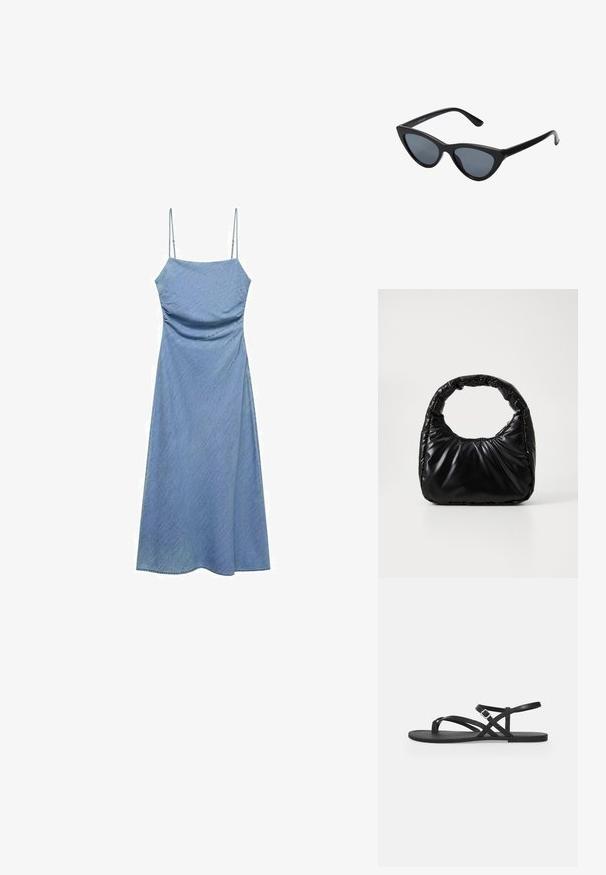 Lichtblauwe denim jurk met dunne verstelbare bandjes, aansluitend lijfje en een vloeiende A-lijn rok. Gladde textuur met een subtiele glans.; Zwarte platte sandaal met dunne bandjes, teugel en verstelbare gesp enkelriem op een effen lichtgrijze achtergrond.; Zwarte cat-eye zonnebril met donkergrijze lenzen, slank plastic frame, puntige hoeken en rechte pootjes. Geen zichtbare hardware of accenten.; Zwarte gevoerde handtas met een ronde handgreep, met een gladde, glanzende oppervlakte en een zachte, gewatteerde textuur. Geen zichtbare metalen onderdelen of accenten.