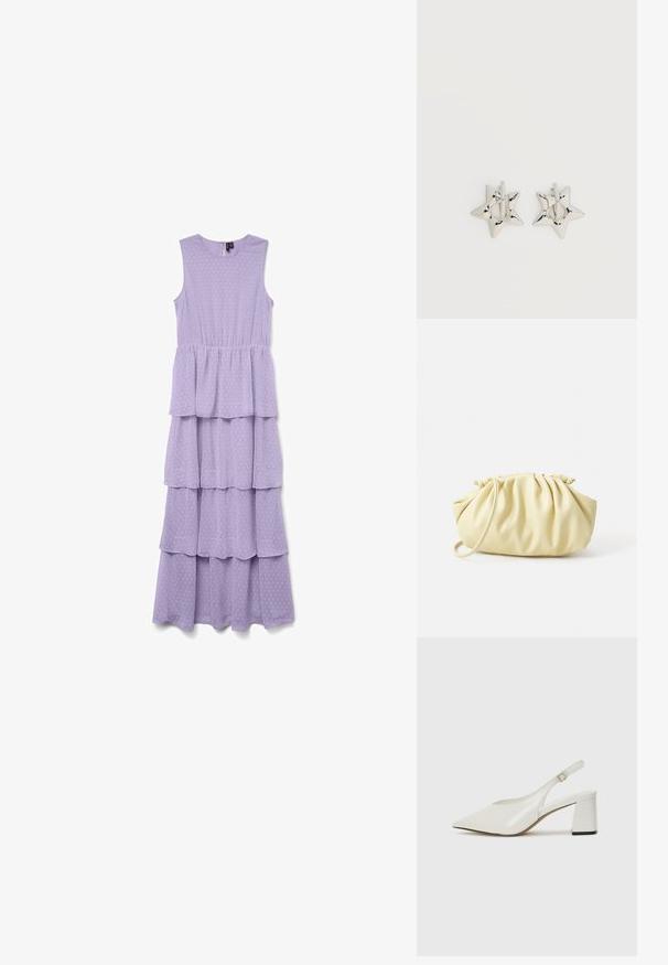 Robe maxi lavande sans manches avec une jupe en couches superposées à volants et une texture subtilement ponctuée, présentant une taille froncée et un col rond.; Escarpin blanc à talon slingback avec un bout pointu, en matériau brillant, doté d'un talon bloc et d'une sangle à la cheville réglable.; Sac à main plissé jaune en simili cuir lisse, arborant une forme douce avec une bandoulière unique et un design froncé sur le dessus.; Boucles d’oreilles créoles en forme d’étoile argentée avec une finition lisse et polie sur un fond blanc uni.