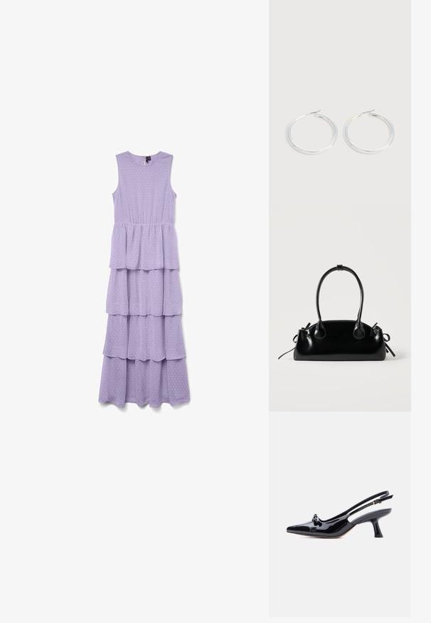 Robe maxi lavande sans manches avec une jupe en couches superposées à volants et une texture subtilement ponctuée, présentant une taille froncée et un col rond.; Chaussure slingback en cuir verni noir avec bout pointu, petit détail nœud et talon évasé de hauteur moyenne sur fond blanc.; Petit sac à main noir brillant avec deux longues anses et des détails à cordon sur les côtés sur un fond clair uni.; Paire de boucles d'oreilles créoles argentées brillantes avec fermoirs en fil fin, présentée sur un fond gris clair.