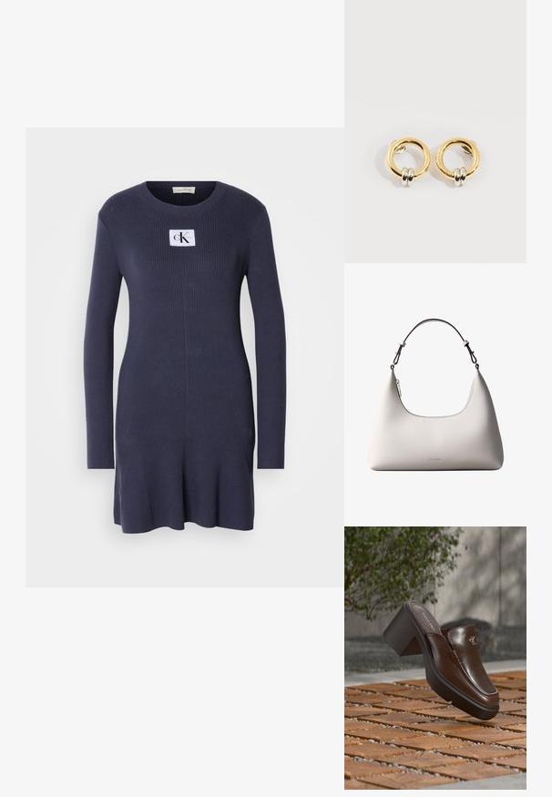 Marineblå ribstrikket kjole med lange ærmer og flæset kant. Har et hvidt patch med logoen "CK" på brystet. Blød tekstur.; Brun læder Calvin Klein hæl mule svævende over trægulv med en sløret grøn plante og væg baggrund.; Cremefarvet skuldertaske i læder fra Calvin Klein med buet topkant, sølvfarvet lynlås og mørkebrun justerbar rem.; Guld cirkulære øreringe med to små sølv-ringe på hver, der viser subtile indgraverede mærkenavne detaljer, sat på en hvid baggrund.
