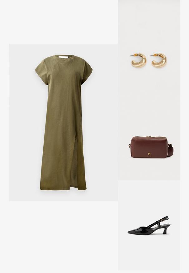Olivovo zelené šaty po kolená vyrobené z mäkkého bavlneného materiálu s krátkymi rukávmi, okrúhlym výstrihom a bočným rozparkom pre pohodlnosť. Jednoduchý a nezdobený dizajn.; Čierny lesklý lodička so strapcom na päte s nízkym podpätkom, špicatou špičkou a nastaviteľným zlatým remienkom na bielom pozadí.; Hnedá kožená kabelka cez rameno s obdĺžnikovým tvarom, zlatým zipsom a kovovým logom na prednej strane. Nastaviteľný ramenný popruh je súčasťou.; Dvoje lesklých zlatých kruhových náušníc v zakrivenom dizajne, so spojením oranžových akcentov pri úchytke, na jednofarebnom bielom pozadí.