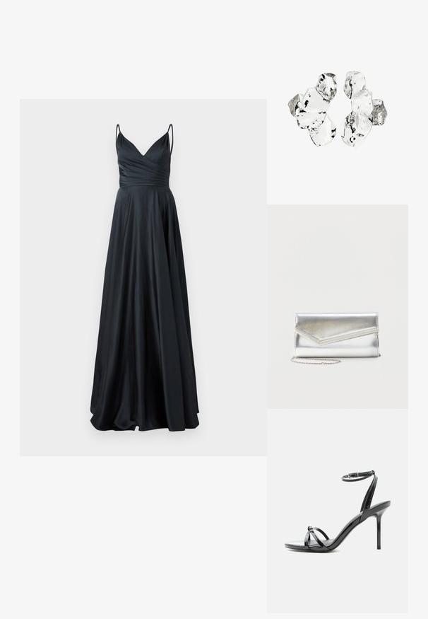 Vestido de noche de satén negro con escote en V, cuerpo ajustado, tirantes gruesos y una falda en línea A que fluye. Textura suave y elegante.; Sandalia de tacón alto de charol negro con tiras finas que cruzan los dedos y una correa con hebilla en el tobillo sobre un fondo blanco.; Bolso clutch plateado brillante con solapa de estilo sobre y adorno decorativo, pequeña correa de cadena plateada, sobre fondo liso claro.; Conjunto de seis piezas de forma irregular, translúcidas y reflectantes, similares al vidrio, dispuestas sobre un fondo blanco.