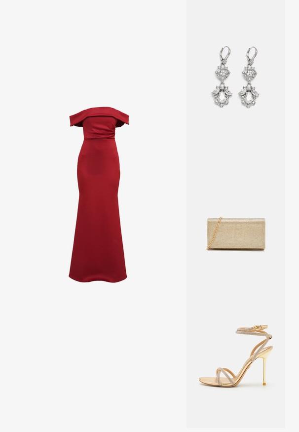 Robe rouge ajustée à épaules dénudées avec une silhouette élancée et élégante, réalisée en tissu lisse, dotée d'un corsage froncé et d'une longueur au sol.; ALDO MANAELDEN - Sandales à talons hauts - gold-coloured; Clutch métallique doré avec une surface texturée, dotée d'une chaîne et ayant une forme rectangulaire, conçu pour une utilisation en soirée.; Boucles d'oreilles en métal argenté ornées de plusieurs pierres précieuses en cristal transparent en forme de goutte et de marquise, avec des fermoirs à levier et des détails complexes.
