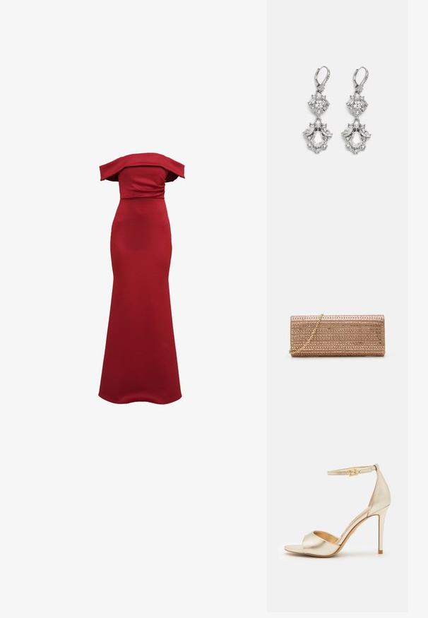 Robe rouge ajustée à épaules dénudées avec une silhouette élancée et élégante, réalisée en tissu lisse, dotée d'un corsage froncé et d'une longueur au sol.; ALDO CRERIDE PILLOW WALK - Sandales - gold; Mascara Pochette - rose gold-coloured; Boucles d'oreilles en métal argenté ornées de plusieurs pierres précieuses en cristal transparent en forme de goutte et de marquise, avec des fermoirs à levier et des détails complexes.