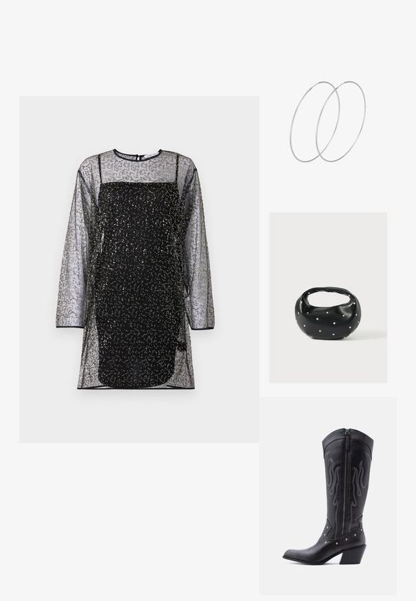 Zwarte mesh jurk met lange mouwen, decoratieve patronen van gouden en zilveren kralen, en een strakke zwarte onderlaag. Rond decolleté en achter sluiting.; Zwarte leren cowboylaarzen met een puntige neus, zichtbare stiksels, zilveren studaccenten en een ritssluiting aan de binnenkant.; Zwarte leren handtas met een afgeronde vorm, versierd met zilveren studs, en een korte handgreep. Gladde textuur en ritsluiting.; Zilveren hoepel oorbellen met een minimalistisch ontwerp. Cirkelvormig, gladde textuur en dun profiel. Lichtgewicht met een gepolijste afwerking.