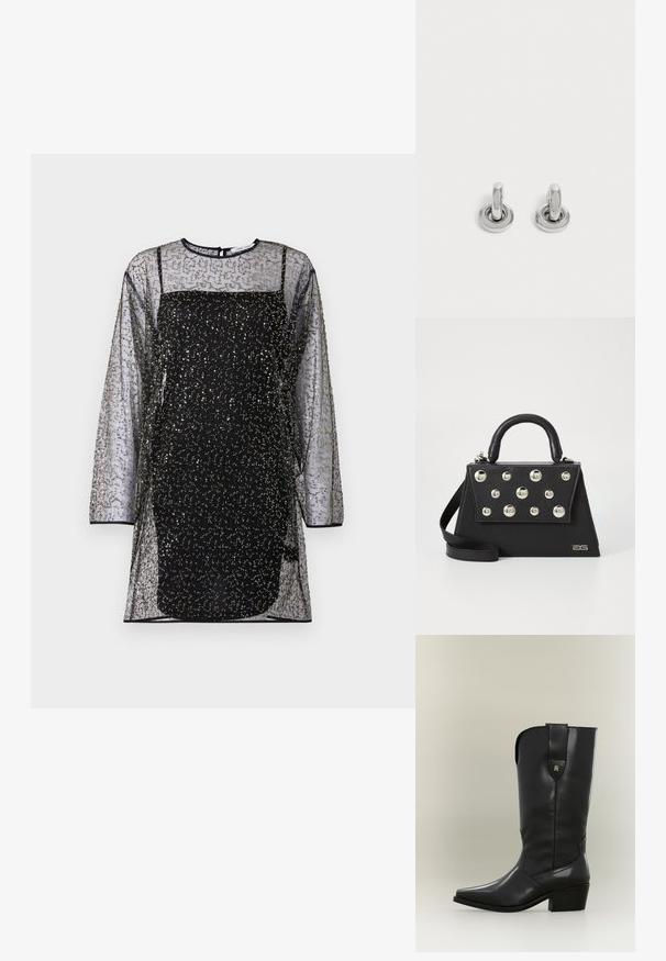 Zwarte mesh jurk met lange mouwen, decoratieve patronen van gouden en zilveren kralen, en een strakke zwarte onderlaag. Rond decolleté en achter sluiting.; Hoge zwarte leren cowboylaars met spitse neus, stevige hak en treklus met een klein gouden logo.; Zwarte handtas met een gestructureerde vorm, voorzien van een bovenhandvat, schouderriem en decoratieve metalen studs aan de voorkant.; Een paar kleine, glanzende zilveren creolen met een ronde basis, afgebeeld op een effen lichte achtergrond.