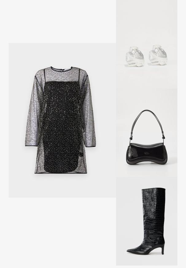 Zwarte mesh jurk met lange mouwen, decoratieve patronen van gouden en zilveren kralen, en een strakke zwarte onderlaag. Rond decolleté en achter sluiting.; Zwarte knielaarzen met een glanzende, krokodillenpatroonstructuur, een puntige neus en een taps toelopende hak. Gladde synthetische materiaal.; Zwarte laarzen van patentleer met een gebogen vorm, een enkele handgreep en een ronde bodem. Beschikt over een subtiele logodetail aan de voorkant.; Zilveren oorknopjes in schelpvorm met textuuraccenten en gladde rondingen, voorzien van een doorzichtige achterkant voor een veilige bevestiging.