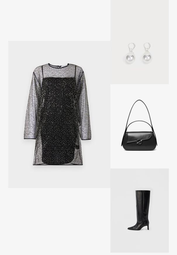 Schwarzes Netzkleid mit langen Ärmeln, dekorativen Mustern aus goldenen und silbernen Perlen sowie einem enganliegenden schwarzen Unterkleid. Rundhals-Ausschnitt und Rückenverschluss.; Schwarze kniehohe Stiefel aus glattem Leder, mit spitzer Zehenpartie und schlankem Absatz, ausgestattet mit einem anliegenden Schaft und minimalistischem Design.; Schwarze Lederschultertasche mit einer geschwungenen Klappe, die durch einen runden Metallverschluss gesichert ist, und einem schlanken, verstellbaren Riemen.; Silberne Tropfenohrringe mit glatten, runden, reflektierenden Oberflächen, die an Hakenverschlüssen hängen. Der Hintergrund ist reinweiß.