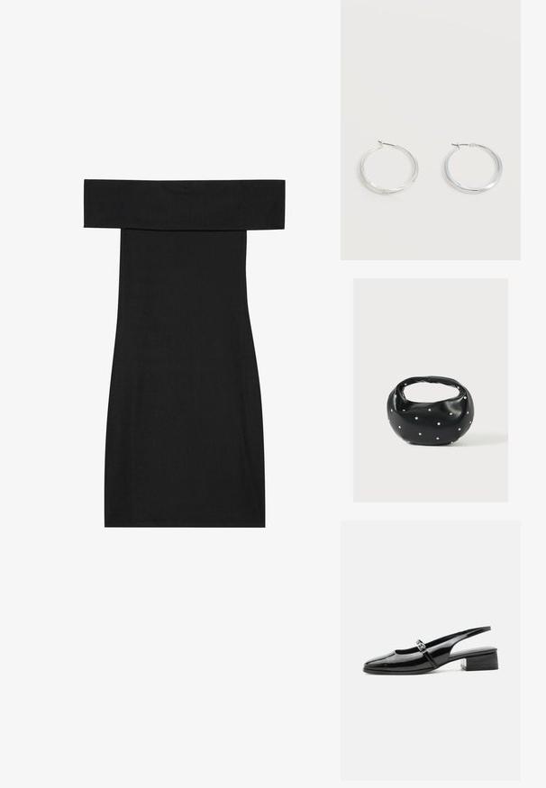 Sort off-shoulder kjole lavet af ribbet stof. Designet har en tætsiddende form og en lige kant, der fremhæver en glat tekstur.; Sort laklæderslingback-sko med lav blokhæl og tynd rem med sølvspænde over toppen.; Sort læderhåndtaske med en rundet form, dekoreret med sølvnitter, og et kort håndtag. Glat tekstur og lynlåslukning.; Sølvfarvede metaloorringe med glat, let buet overflade og låsemekanisme på en ensfarvet hvid baggrund.