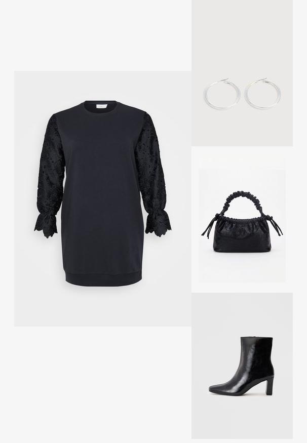 Sort sweatshirtskjorte med rund halsudskæring, der har lange sorte blonderærmer med bølgede kanter og blomster mønstre. Blødt bomuldsblandingsstof.; Sorte ankelstøvler lavet af blank læder, med spidse tæer og en mellemstor blokhæl, med en glat tekstur og et enkelt design.; Sort taske med krokodilletekstur, rynket øverste kant, samlet hank og snore med kvaster på hver side mod en hvid baggrund.; Par skinnende sølvøreringe med tynde trådlåse, vist på en lys grå baggrund.