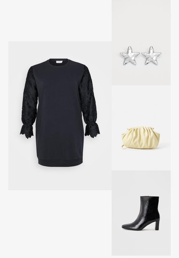 Zwart sweatshirtjurkje met ronde halslijn, voorzien van lange zwarte kanten mouwen met gegolfde randen en bloempatronen. Gemaakt van een zachte katoenmix.; Zwarte enkellaars gemaakt van glanzend leer, met een puntige neus en een gemiddelde blokhak, voorzien van een gladde textuur en een eenvoudig ontwerp.; Geel geplooide handtas van soepel nepleer, met een zachte vorm, een enkele schouderriem en een verzameld ontwerp aan de bovenkant.; Zilveren stervormige oorbellen met een gepolijste, glanzende afwerking. Elke oorbel heeft vijf punten en subtiele textuurdetails op het oppervlak.