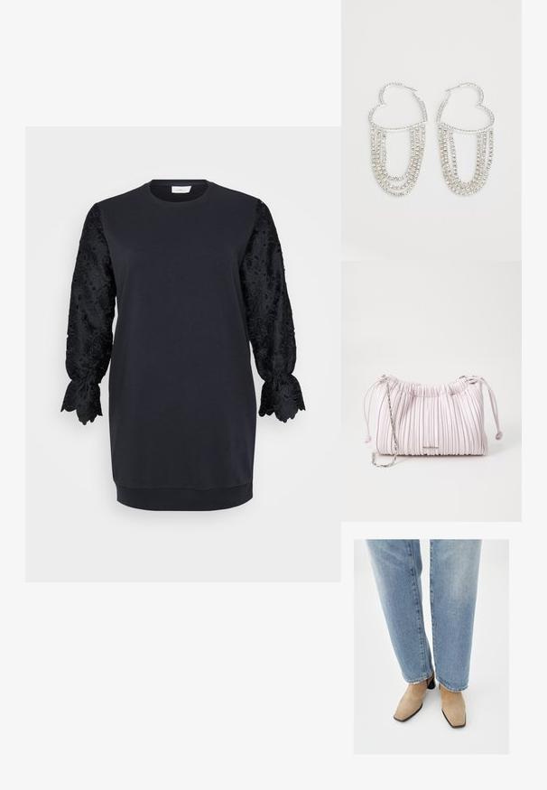 Sort sweatshirtskjorte med rund halsudskæring, der har lange sorte blonderærmer med bølgede kanter og blomster mønstre. Blødt bomuldsblandingsstof.; Beige ruskindsankelstøvler med spids tå og lav sort blokhæl, båret med lyseblå bukser med lige ben.; Rosa plisseret håndtaske lavet af kunstlæder, med snørelukning og en sølvfarvet kædrem. Glat tekstur, kompakt form.; Sølv hoops i hjerteform, prydet med hængende strenge af klare rhinsten for ekstra glans og struktur.