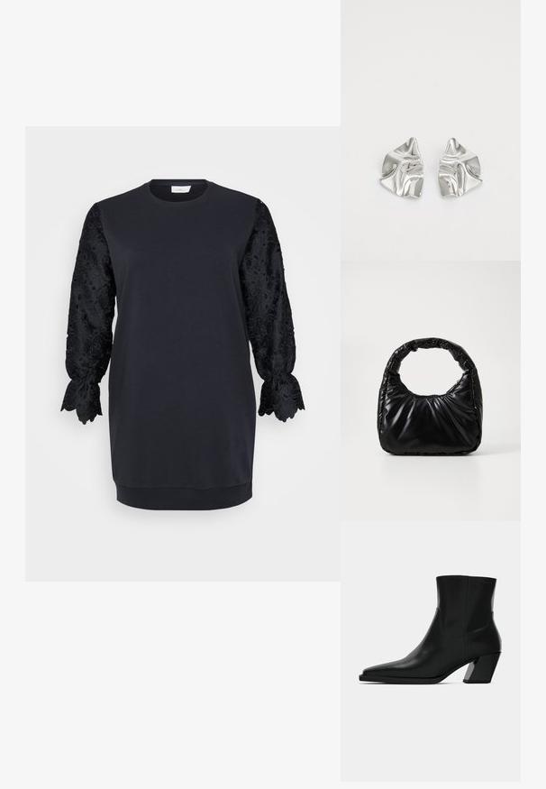 Sort sweatshirtskjorte med rund halsudskæring, der har lange sorte blonderærmer med bølgede kanter og blomster mønstre. Blødt bomuldsblandingsstof.; Sortlæder ankelstøvle med spids tå, en slank silhuet og en kraftig firkantet hæl. Glat tekstur med minimale stikninger.; Sort polstret håndtaske med et rundt håndtag, der har en glat, skinnende overflade og en blød, kviltet tekstur. Ingen synlige hardware eller accenter.; Sølvmetal øreringe med et bølgende, skulpturelt design, der har en poleret overflade og uregelmæssige former, hvilket fremhæver en moderne æstetik.