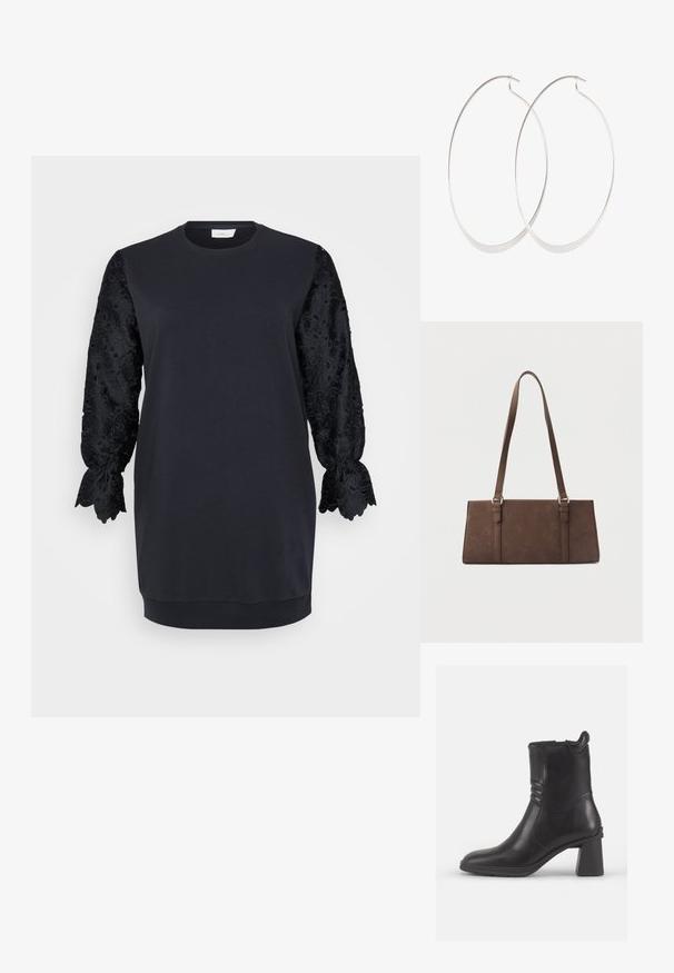 Schwarzes Sweatshirtkleid mit rundem Ausschnitt, ausgestattet mit langen schwarzen Spitzenärmeln mit gewellten Kanten und floralen Mustern. Aus weichem Baumwollgemisch.; Schwarze Leder-Stiefelette mit runder Zehe, strukturierten Seitenpaneelen und einem klobigen Blockabsatz. Glatte Oberfläche und minimalistisches Design.; Braune rechteckige Schultertasche mit langen Trägern und minimalen Steppnähten vor einfarbigem Hintergrund.; Silberne Creolen mit einem dünnen, glatten Design; länglich-ovale Form; polierte Oberfläche; ausgestattet mit einem sicheren Hakenverschluss.