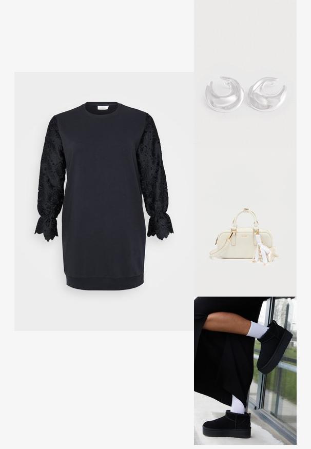 Sort sweatshirtskjorte med rund halsudskæring, der har lange sorte blonderærmer med bølgede kanter og blomster mønstre. Blødt bomuldsblandingsstof.; Sorte suede ankelstøvler med flad sål, med en bageste træksløjfe, båret med hvide ankelstrømper mod en minimalistisk baggrund.; Hvid læderhåndtaske med gulddetaljer, korte håndtag og en aftagelig rem. Indeholder dekorativ stjernevedhæng og båndaccenter.; Et par polerede sølv halvmåneformede hoops med en glat, reflekterende overflade på en hvid baggrund.