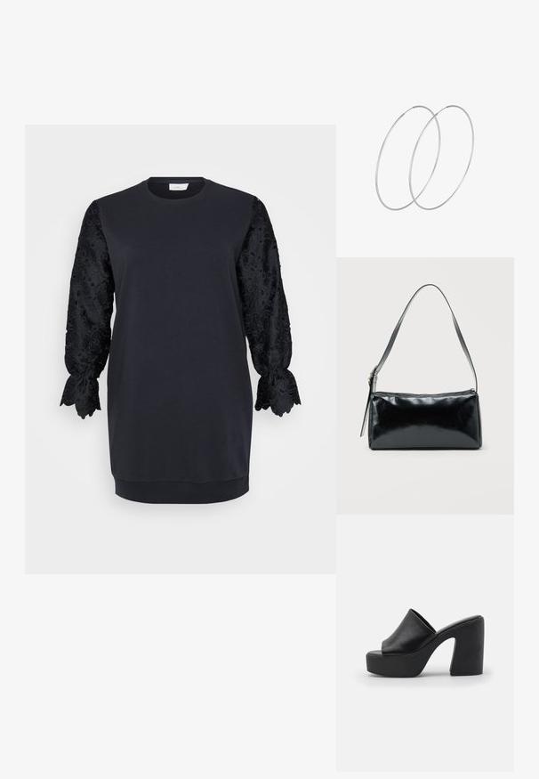 Vestido sudadera negro con escote redondo, que presenta largas mangas de encaje negro con bordes festoneados y patrones florales. Tejido de mezcla de algodón suave.; Mules negros de tacón alto con parte superior de cuero suave y suela de plataforma gruesa, que cuentan con un diseño de punta abierta y tacón en bloque inclinado.; Bolso de hombro rectangular negro con una correa ajustable y un cierre de cremallera superior sobre un fondo liso.; Pendientes de aro plateados con un diseño minimalista. Forma circular, textura suave y perfil delgado. Livianos con un acabado pulido.