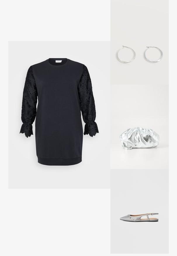 Must mustrdress ümmarguse kaelusega, mis on varustatud pikkade mustade pitskäistega, millel on hambuline äär ja lillemotiiv. Pehme puuvillane segu.; Hõbedased terava ninaga slingback-tüüpi madalad kingad reljeefse pinnaga ja dekoratiivsete hõbedaste kaunistustega eesmisel paelal.; Metallik hõbedane vist välja kott pehme, kokku korjatud kehaga ja õhukese õlavarre rihmaga. Omab siledat, läikivat tekstuuri ja ümmargust kuju.; Hõbedased metallist rõngakujulised kõrvarõngad, millel on sile, kergelt kaarduv pind ja lukustuvad tagused kinnitused, valgel taustal.