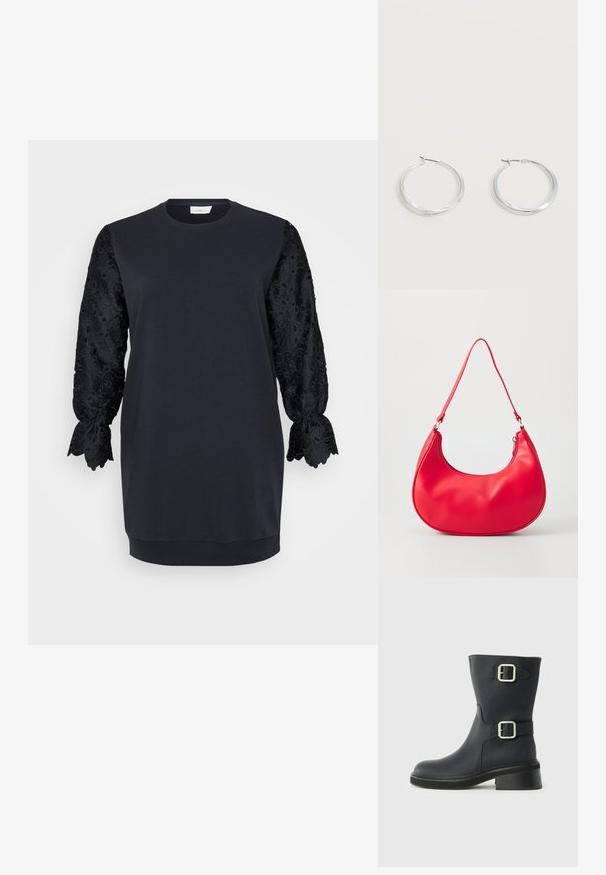 Sort sweatshirtskjorte med rund halsudskæring, der har lange sorte blonderærmer med bølgede kanter og blomster mønstre. Blødt bomuldsblandingsstof.; Sorte læder ankelstøvler med to sølvspænder, en rund tå og en kraftig hæl. Teksturen er glat med en let glans.; Rød syntetisk læder skuldertaske med en buet form, slank rem og lynlås lukning. Glat tekstur med synlige syninger.; Sølvfarvede metaloorringe med glat, let buet overflade og låsemekanisme på en ensfarvet hvid baggrund.