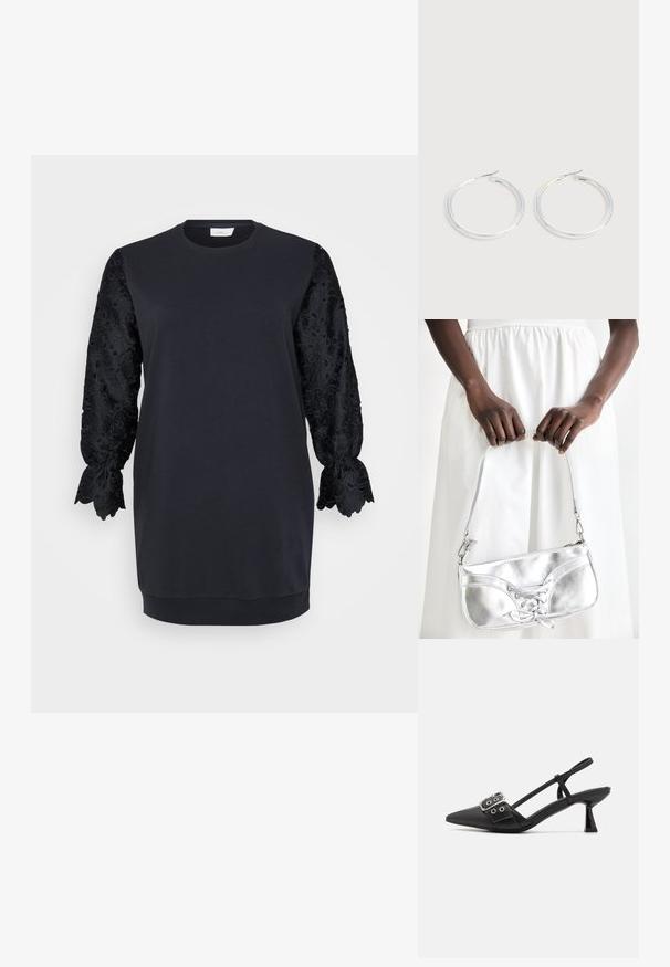 Vestido sudadera negro con escote redondo, que presenta largas mangas de encaje negro con bordes festoneados y patrones florales. Tejido de mezcla de algodón suave.; Simmi London DALA - Tacones - black; Bolso metálico plateado con detalle de cordones, que presenta un diseño elegante y una correa corta. El bolso está sostenido con las manos, mostrando su textura.; Pareja de pendientes de aro plateados brillantes con cierres de alambre delgado, mostrados sobre un fondo gris claro.